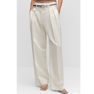 MNG Wide Leg Pleated Cropped Pants Cream Size 2